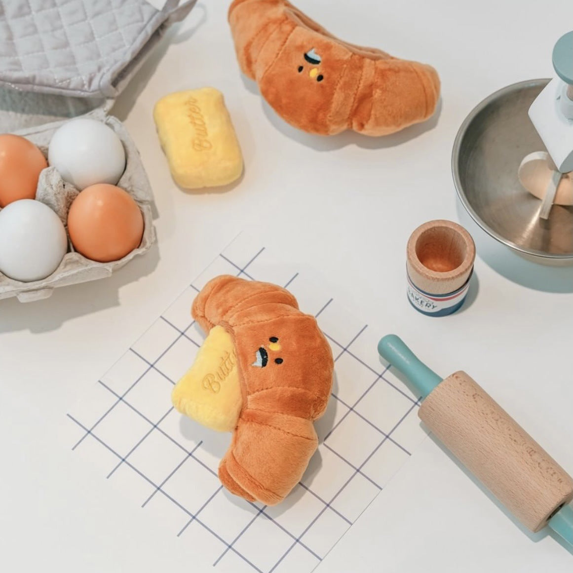 Croissant and Butter Plush Dog Toy with Squeaker