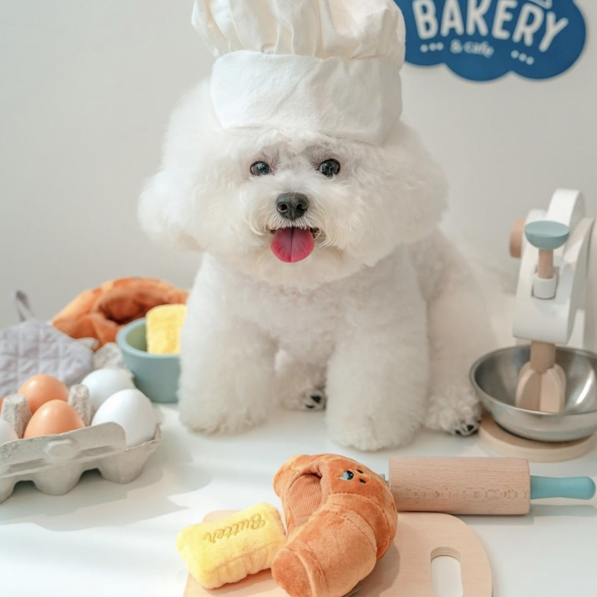 Croissant and Butter Plush Dog Toy with Squeaker