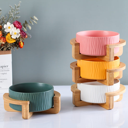 MIKA Ceramic Pet Bowls with Bamboo Stand